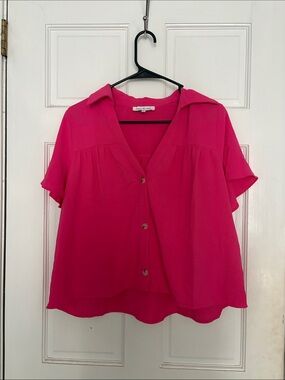 Jacqui E Hot Pink Short-Sleeve Button-Front Blouse